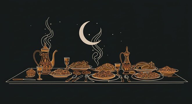 Single-line art of a stylized Eid feast table as geometric shapes, 32K hyper-realistic steam swirls forming crescent motifs, ultra-fine utensil textures