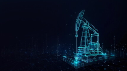 Poster - Digital visualization of an oil pumpjack and refinery infrastructure on a tech background with copy space for use in energy industry investment materials.