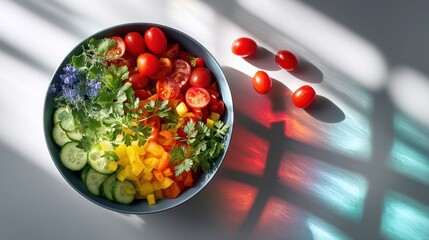Leinwandbilder - Vibrant Fresh Salad Bowl Filled With Colorful Vegetables and a Medical Cross Shadow on the Surface