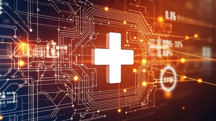 Poster - Futuristic medical technology abstract with circuit patterns and a plus sign