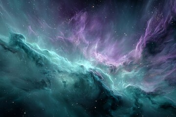 a shimmering aurora of cosmic energy swirling through dark space, creating ethereal wisps of iridesc