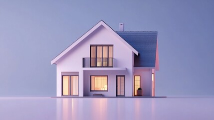 Poster - A minimalist white house with a blue roof under a pastel blue sky with warm light