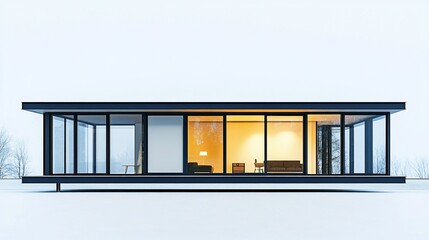 Poster - A modern minimalist house with large windows and a minimalist interior design in a snowy landscape