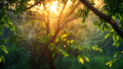 A warm, golden morning sun casts a soft glow on intricate spiderwebs delicately suspended between lush, green branches