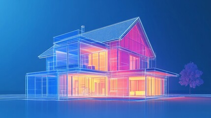 Aufkleber - Architectural visualization of a modern house with transparent walls showing the interior design