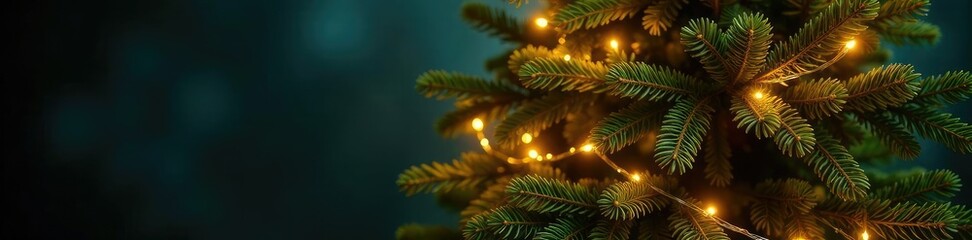 Wall Mural - twinkling fairy lights wrapped around the trunk of a tall evergreen christmas tree, decorative items