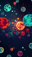 Aufkleber - A colorful space scene with a red planet in the center. There are many other planets and stars in the background