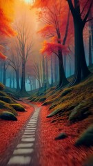 Fototapete - A forest with a path through it. The path is lined with trees and rocks. 