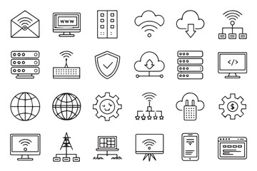 Information Technology line art icon set of collection. network,internet,website,software,programming,wifi,database,processor,communication and others. Editable stroke. Vector illustration