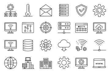 Information Technology line art icon set of collection. network,internet,website,software,programming,wifi,database,processor,communication and others. Editable stroke. Vector illustration IT related 