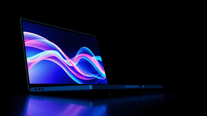 Fototapete - An open laptop with colorful line graphics on the screen against a black background.  AI generated.