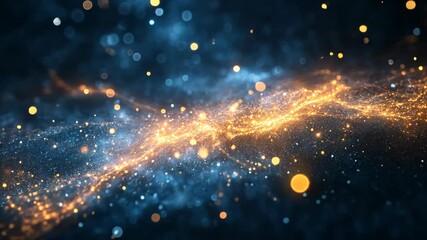 Sparkling golden energy flows in a blue bokeh galaxy space background