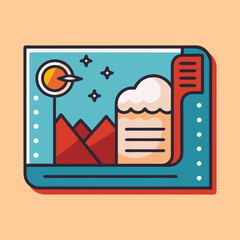 Poster - Stylized landscape illustration featuring a planet or sun, mountains and a beer mug