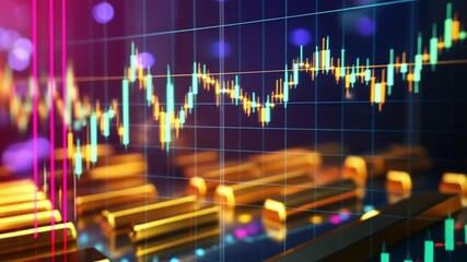 Poster - Colorful stock market graph with golden bars in the background