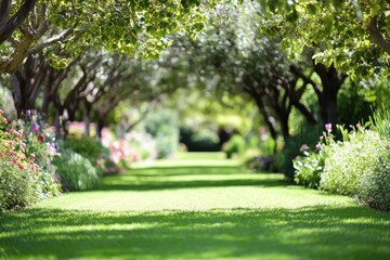 Wall Mural - beautiful garden path with trees and flowers during the daytime. use it for landscaping, nature, or 
