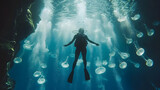 Diver silhouetted amidst numerous jellyfish in an underwater cave, sunlight streams from above