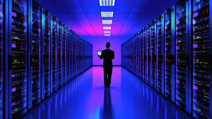 Poster - Data center interior, technician with laptop.