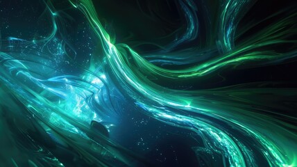 Poster - Abstract green and blue light waves on a dark background. Abstract image of glowing blue line with dark background. Digital art and motion concept for wallpaper, banner, and print. Curve. AIG53.
