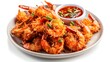 © Husnain - Crispy coconut shrimp with a sweet chili dipping sauce, garnished with green onions, served on a white plate.