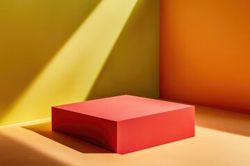 Poster - Bright colors fill the space as a red geometric shape sits in a well-lit studio, enhancing the interplay of light and shadow