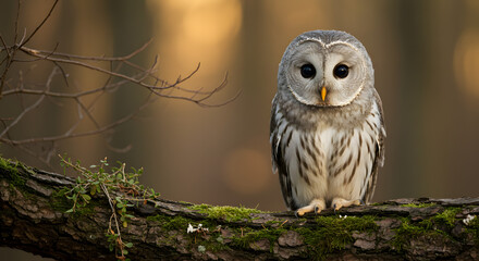a small owl with big curious eyes perches on a mossy tree branch