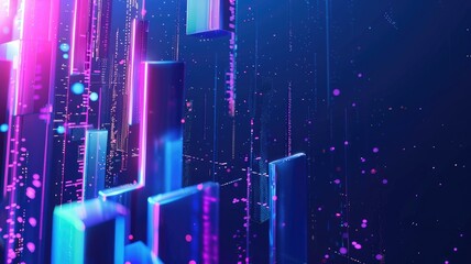 Poster - Futuristic cityscape with neon lights and digital grid elements. Sci-fi cyberpunk concept. Digital artwork of 3D rendering geometric shape with colorful structure Modern technology innovation. AIG53.