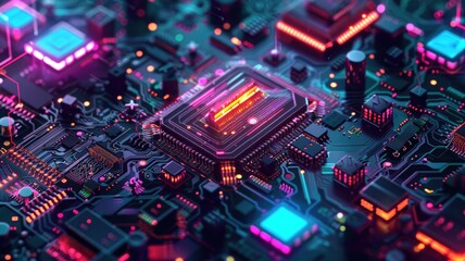 Poster - Close-up view of a complex circuit board with glowing lights. Macro photograph of skyscraper and tower with electrical circuit. Technology innovation and engineering concept for design. AIG53.