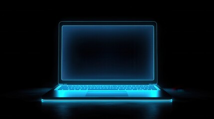 Glowing laptop screen in dark, highlighting edges and faintly lighting surrounding area 