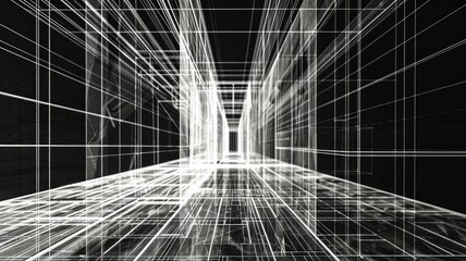 Poster - Explore an abstract visualization of a geometric architectural structure featuring thin angled lines and a stark monochrome palette, perfect for modern design themes.
