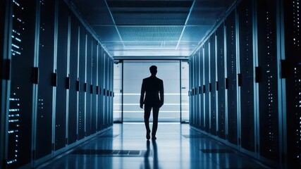 Poster - Businessman in a server room, walking away.