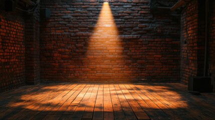 Fototapete - Classic club comedy stage with brick backdrop, center spotlight illuminating the wooden stage floor, no microphone