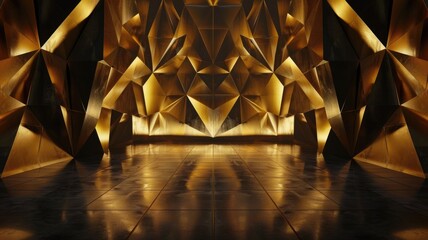 Poster - A stunning gold geometric stage backdrop featuring sharp angles and reflective surfaces, perfect for events, performances, or visual displays that demand elegance.