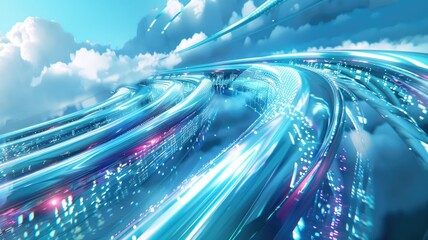 Poster - Abstract flowing blue and white digital waves on a light background. Digital artwork of speed effect or digital glowing white and blue pathway. Futuristic design and technology concept. AIG53.