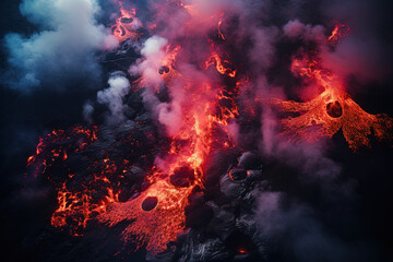 Wall Mural - volcano eruption from a bird view. volcano crater and magma flow shot from above. genertated ai.