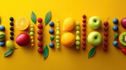 Poster - Colorful Fruits Arranged in a Spiral Pattern Resembling DNA on a Vivid Yellow Backdrop