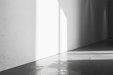 Poster - Empty white corridor with strong light and shadows. Minimalist interior design for architectural photography. Background image of architectural building structure with monochrome filter. AIG51.