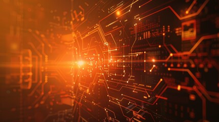 Poster - Glowing orange circuit board with detailed lines and patterns on a dark background. Digital art for design. Abstract image of wireframe or motherboard with glowing color with electronic parts. AIG53.