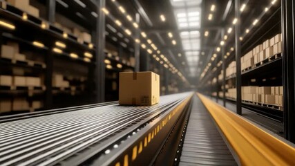 Poster - Cardboard box on conveyor belt in warehouse.