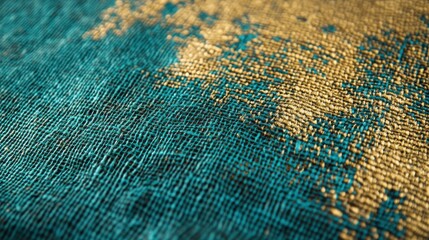 Poster - Textured Burlap Fabric with a Striking Teal and Gold Color Blend for Design and Decorative Arts