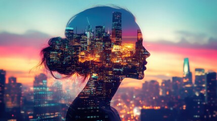 Poster - Silhouette of a Woman with a Cityscape Double Exposure at Sunset