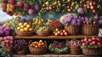 Aufkleber - Farmers Market Stand with Abundant Fruit and Flowers Displayed in Wicker Baskets on Wooden Shelves