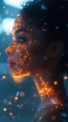 Poster - Glowing Woman: A surreal digital portrait of a woman's profile, her skin shimmering with radiant gold light and a futuristic vibe