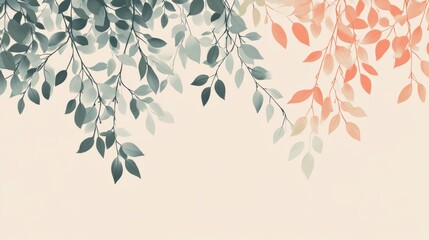 Poster - Serene botanical illustration with sage green and coral leaves on branches creating a tranquil, calming background