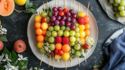 Poster - Colorful Skewered Fruit Centerpiece Displayed on a Textured Plate for a Fresh and Vibrant Presentation