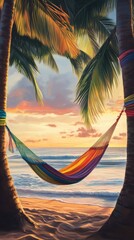 Poster - Tropical Beach Hammock at Sunset: Peaceful Seascape with Palm Trees and Colorful Fabric