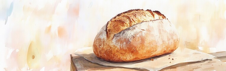 Poster - Watercolor bread illustration on a bright background, featuring crusty sourdough loaf on light-colored parchment, perfect for food