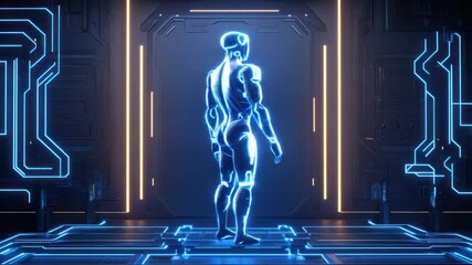 Poster - Futuristic robot model with glowing blue lines.