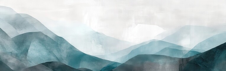 Poster - Abstract mountain landscape painting in teal and grey watercolor style