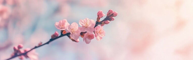 Leinwandbilder - Delicate Cherry Blossom Branch with Pink Flowers and Buds Against a Soft, Blurry Background