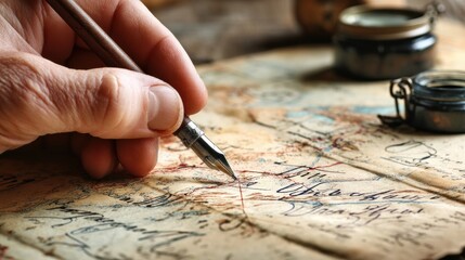 Fototapete - Handwriting on an Oil-Stained Map Highlighting the Spirit of Exploration and Adventure in Uncharted Territories